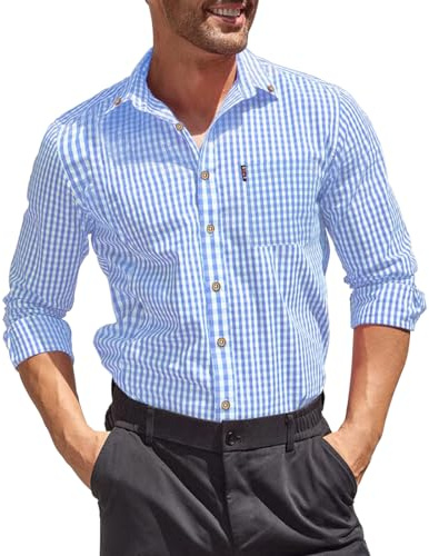 Misfuso Chemise Homme Casual à Carreaux Manche Longues avec Poche Poitrine Chemise Homme Décontractée en 100% Coton Bleu Clair XXL