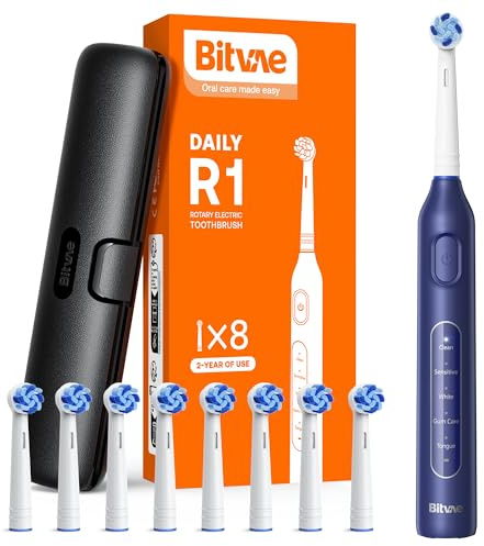 Bitvae Rotierende elektrische Zahnbürste mit 8 Bürstenköpfen für Erwachsene und Kinder, Reiseetui, wiederaufladbare Zahnbürste mit 5 Modi und 2-Minuten-Smart-Timer, 60 Tage Akkulaufzeit, dunkelblau