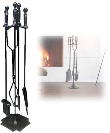 Set di attrezzi per caminetto in ferro battuto con manico a sfera, kit di accessori per caminetto da esterno, kit di 5 accessori per braciere da esterno, resistente e supporto.