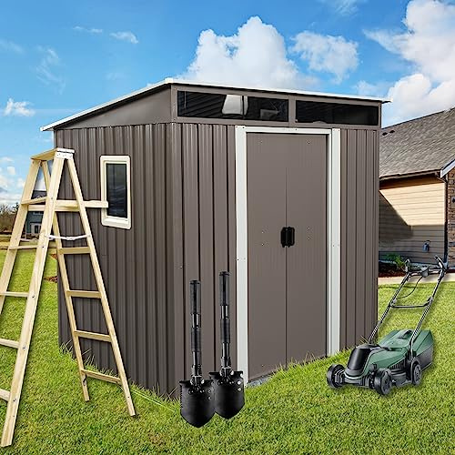 6x5 FT Outdoor Storage Shed, Metal Garden Shed with Frame Floor, Outside Tool Shed with Window, Waterproof Storage Building with Lockable Sliding Doors & Sloped Roof for Backyard, Patio, Warm Gray