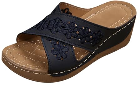 Ortopediska damtofflor, sommar, pantoletter med kilklack, platåsandaletter, lätta, bekväma sommarskor, vintage, eleganta kilsandaler, breda strandskor, 70-talet, flipflop, blå, 39 EU