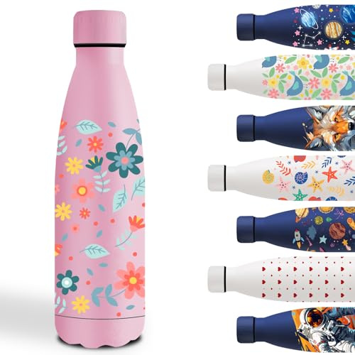 Termisk vattenflaska, 500 ml, anpassad termisk flaska, läckagesäker metallflaska, stål för skola, yoga, kontor, camping, cykling, blomma- rosa
