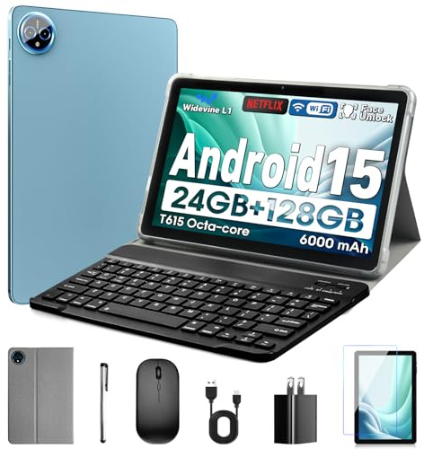 Aobante 10 Zoll Tablet, Android 15 mit 24 GB RAM + 128 GB ROM (1 TB erweiterbar), Octa-Core, 1280 x 800 IPS HD Touchscreen, 5 MP + 8 MP Dual-Kamera, 6000 mAh, Tablet mit Tastatur