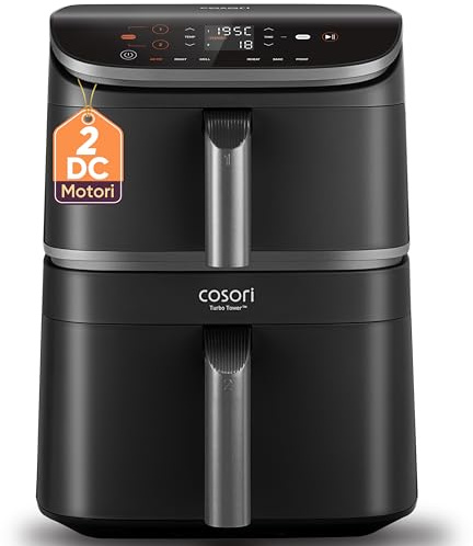 COSORI Turbo Tower Friggitrice ad Aria 10,8L con Cestelli Verticali, Cottura Salvaspazio a 3 Livelli, 2630W, 6 Funzioni, 2 Motori DC, 50+ Ricette Complete Online,CAF-DC111,Grigio