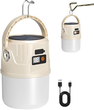 Lampe LED de Camping | Torche LED | Équipement De Survie Avec Crochet 2 Modes Affichage De Batterie Panneau Solaire Lampe De Tente Pour Randonnée Pêche Extérieur Intérieur Pannes De Courant