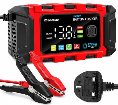 Xtremeauto 12V Smart Battery Charger 6A – Fully Automatic Car Battery Maintainer, Desulfator & Repair Charger for Cars, Motorcycles, ATVs, RVs, Lawn Mowers & More