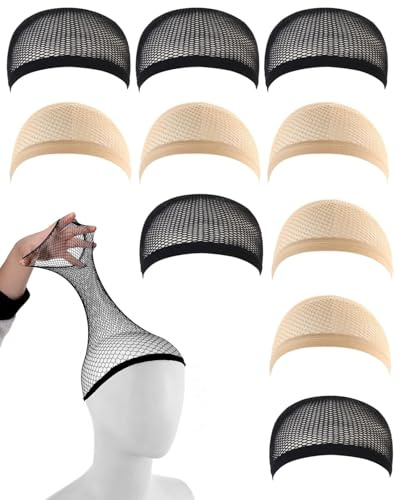 HUVZOR 10Pcs Redecilla Peluca, Gorro de Rejilla para Peluca Casquillos Peluca de Nylon Elástico y Transpirable Gorros de Pelucas, para Pelucas Mujer Pelo Natural, Peluca Cosplay,Color negro/piel
