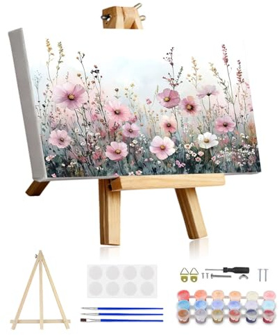 KEYIFA Fältblommor rosa måla efter nummer för vuxna med ram, måla efter nummer kit med penslar och akryl, gör-det-själv oljemålning efter nummer kit, dekorera huset 20 x 40 cm