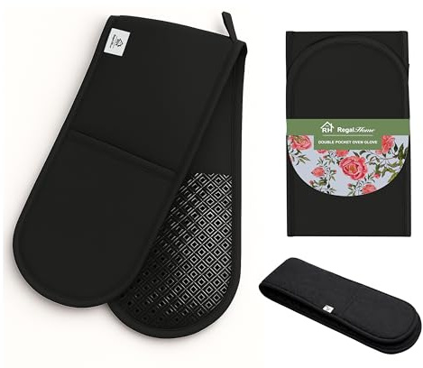 Black Oven Gloves Heat Resistant 300°C - Double Oven Mitts with Non-Slip Silicone Grip, BBQ Cooking Gloves, Kitchen Gloves Pot Holder Machine Washable, 82 x 18 cm