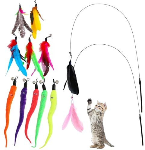 Nonyimu 12 pcs Cat Feather Teaser Set,2 Flexible Cat Wand Funny Sticks and 10 Replacement Feather Sets with Bell for Indoor Cats Adult & Kittens,Interactive Cat Feather Wand for Boredom and Exercise
