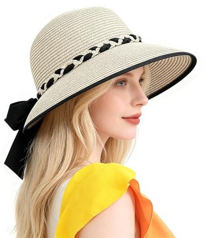 KXF Women Straw Beach Sun Hat UPF 50+ UV Protection Wide Brim Summer Straw Sun Cap Outdoor Travel Hat Foldable Packable Cap Beige