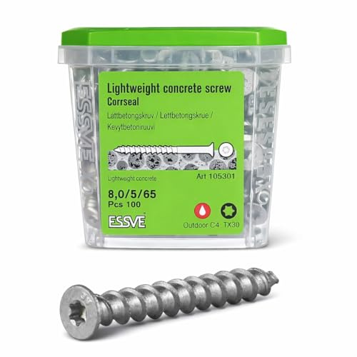 ESSVE Viti per calcestruzzo C4 (CorrSeal) 8,0 x 65 mm, per calcestruzzo aerato e cemento a gas (Ytong, Siporex, Leca), TX30, in acciaio temprato, senza preforatura, ESSBOX + sistema (8,0 x 65)