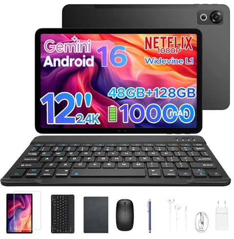 P12 Tablet Android 16, Tablet 12 pulgadas, 48GB RAM+128GB ROM/2 TB TF, IPS 2,4K, Pantalla 120 Hz, 10000mAh/18W, WiFi 5G, T7280 Octa-core, 8MP+13MP, Gemini AI, Tableta con Teclado, Face ID, GPS, Negro