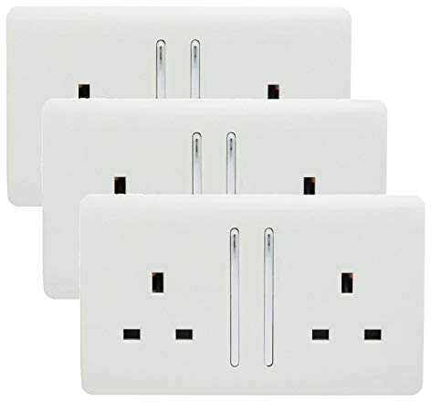 Trendi 2 Gang Artistic Modern Glossy 13 Amp Switched Tactile Plug Socket White (3 Pack)