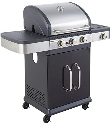 Cook'in garden, Barbecue Extérieur au Gaz Fidgi 3, Couvercle avec Thermomètre, Bbq Structure Métal, Grille, Plancha, Cuve en Acier, Brûleurs Inox, Allumage Piezo, pour 10 Personnes