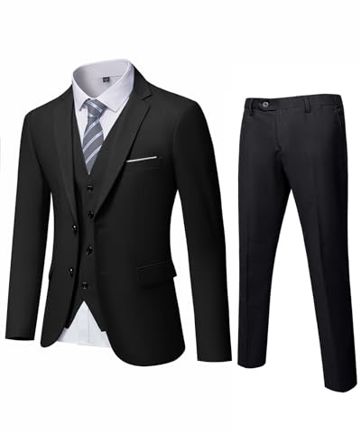 YND Herr Slim Fit 3-delat kostymset med slips, solid blazer jacka väst byxor, beige, UK storlek, Svart, XXL