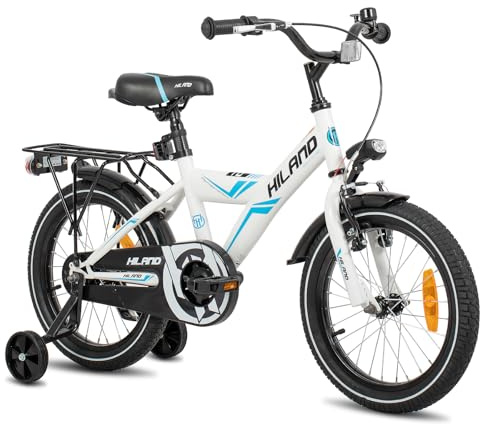 HILAND 16 Zoll Jungen Kinderfahrrad Jungenfahrrad ab 4 5 6 Jahren mit Rücksitz/Gepäckträger, Handbremse und Rücktrittbremse Stützräder weiß