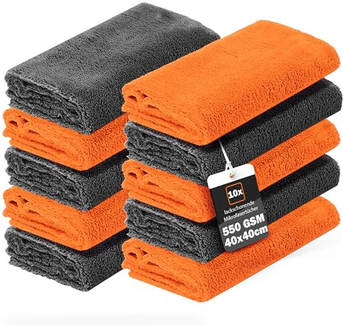 detailmate Auto Microfasertücher 40x40 550GSM randlos & lackschonend | 10 x Autopflege Mikrofasertuch für Innenraum, Lack, Felgen | Weiches Tuch Reinigungstuch Poliertuch