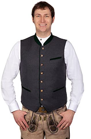 Edelnice Trachtenmode Elegante weiche Woll Trachtenweste Gilet Roland grau mit grünen Paspeln Gr. 52