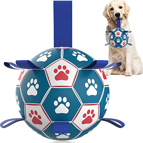 HETOO Interactive Dog Football Toys with Webbing, Durable Dog Water Balls for Small Medium Breed, Indoor & Outdoor Blue White (8 Inch)