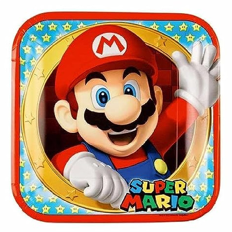 Amscan Kit de fête 52 pièces Super Mario – Assiettes, gobelets, Serviettes pour 16 Enfants, 9901535-66, 23 Centimeters, White