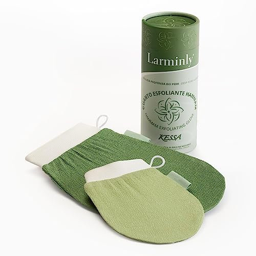 Larminly Guanto Esfoliante Corpo Kessa Hammam viscosa 100%, set 2 pezzi scrub corpo 150D rugosità media e peeling viso 120D rugosità delicata. Confezione elegante.