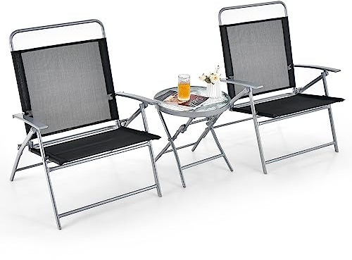 COSTWAY Bistrotisch mit 2 Stühlen, klappbarer Balkonset, 3-teilig Gartenmöbel-Set, niedrige Sitzhöhe, Sitzgarnitur Sitzgruppe Balkonmöbel Gartenmöbel Gartengarnitur für Garten, Hof, Balkon