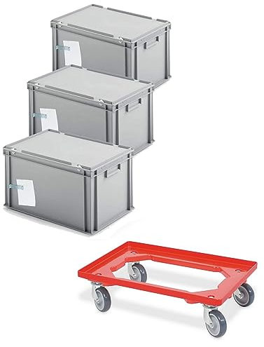 BRB 3x Ordner-Archivboxen für je 7 Ordner (A4, breiter Rücken), inkl. Transportroller (grau)