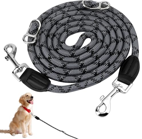 Hundeleine mit 2 Karabiner, 2 Ringe, Reflektierende, Verstellbare Doppelleine, 2,6m Multifunktionale Hundeleine für Große und Mittlere Hunde
