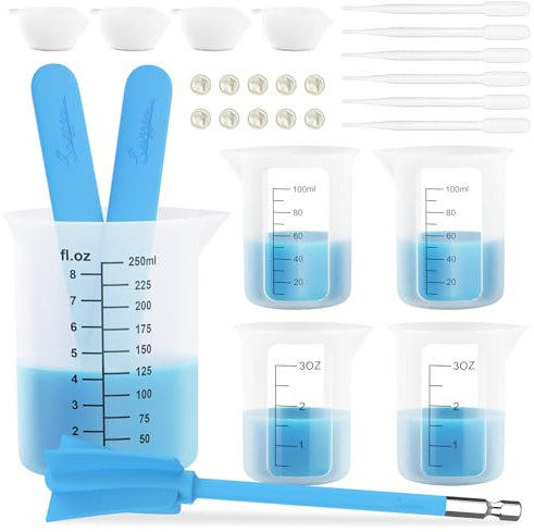Silicone Measuring Cups for Resin,Clearly 2 Scales 250&100ml Resin Measuring Cups,Silicone Stir Sticks,Silicone Mixing Paddle,Reusable & Easy Clean Resin Supplies for Resin Mixing,Molds,Jewelry Making