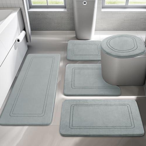 chakme Set di 5 tappetini da bagno, in morbido memory foam e tappetino per WC a forma di U, antiscivolo, lavabile, colore: grigio