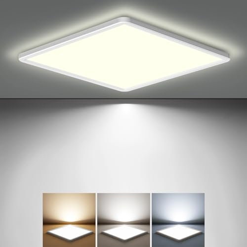 zemty Deckenlampe LED Deckenleuchte Flach, 3Farben - 3000K/4000K/6500K, IP44 Wasserfest Quadrat Badlampe Decke, 1800LM Modern LED Decklit für Flur küche Badezimmer Schlafzimmer Büro, Ø18CM