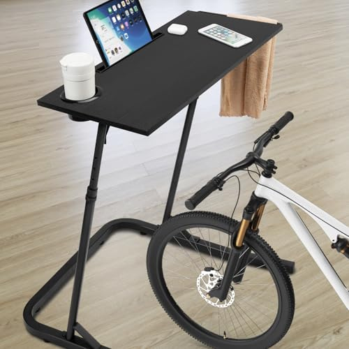ikkle Bike Trainer Fitness Desk, Height Adjustable Indoor Walking Pad Treadmill Training Table Bicycle Training Platform, Portable Workstation Standing Desk with Cupholder, Tablet Holder, Towel Rack