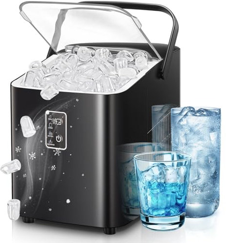 FOHERE Eiswürfelmaschine, Eiswürfel in 5 Minuten, 14KG in 24 Stunden, Selbstreinigender Mini Eiswürfelbereiter, 2 Eiswürfel Größen für Küche, Büro, Bar und Party, Leicht zu Tragender Griff (Schwarz)