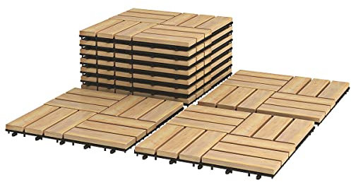 COSTWAY 10 Pcs Acacia Wood Decking Tiles, 30 x 30cm Interlocking Floor Tiles, Indoor Outdoor Waterproof Cuttable Deck Tile for Patio Garden Balcony Pavement, Tools Free Assembly