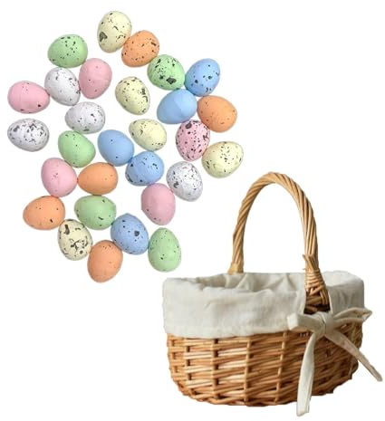 1 Pièces Panier Paques Enfant Petit Panier Osier avec Anse, 20x21 cm Paniers Oeufs de Decoration Pâques, Cadeau Paques Enfant Bebe Paniers Jeux de Chasse aux œufs de Pâques (1 Panier + 20 Pcs Oeufs)