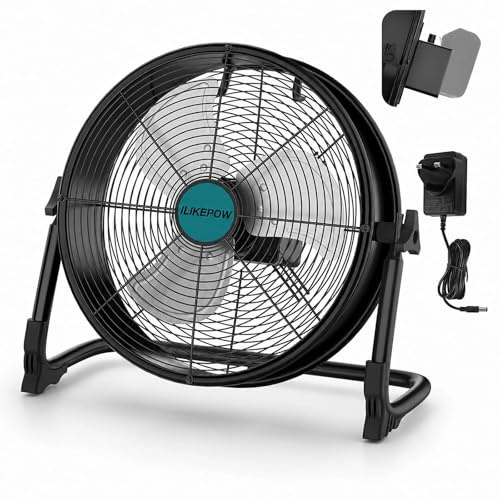 ILIKEPOW Cordless Floor Fan Compatible with Makita 18V Batteries, 12 inch Portable Industrial Fan with Plug-in & Battery Dual Power and UK Plug Adapter, Powerful Fan for Garage, Workshop, Loft & Van