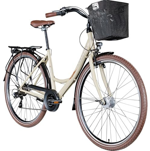 ZÜNDAPP Z700 28 Zoll Damen Fahrrad Damenfahrrad Tiefeinsteiger mit Korb Citybike Damen Hollandrad Damenrad City Bike 6 Gang Hollandfahrrad mit tiefem Einstieg 700c (Elfenbein, 46 cm)