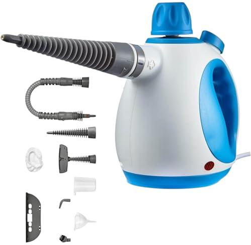 THS10 Handheld Steam Cleaner – 1050W Powerful Steam, 250ml Tank – Includes Crevice Tool, Flexible Hose, Brush Attachment, Microfiber Cloth – Compact Steam Cleaner for Home, Kitchen, Car – Blue