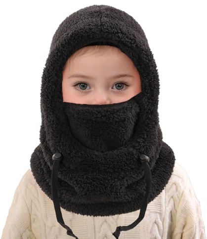 3-10 Years Kids Winter Thermal Fleece Balaclava Toddler Warm Windproof Hooded Hat Scarf Children Soft Plush Full Cover Hats with Neck Warmer Boys Girls Fleece Balaclava Ski Hat for Hiking Cycling