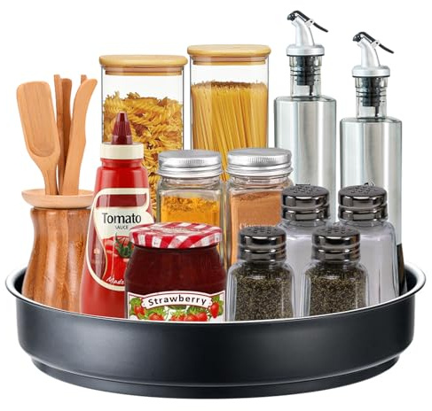 FxlStelrion 31,5CM Especiero Giratorio, 360° Especieros para Cocina, Lazy Susan Acero Inoxidable, Negro Bandeja Giratoria, Plato Giratorio Organizador Cocina para Cocina, Baño, Frigorífico, Armarios