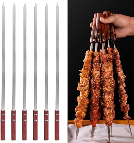 Brochetas Grandes para Barbacoa, 6 Piezas Brochetas Metalicas 60 cm con Mango de Madera, Brocheta Plana Reutilizable para Parrilla, Carne, Verduras, Camarones, Jardín, Camping, Picnic