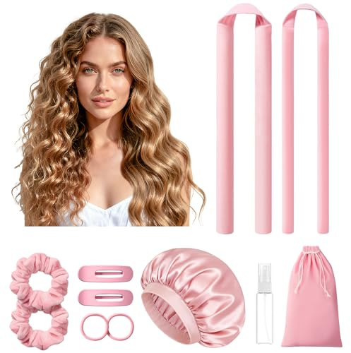 LitBear Arricciacapelli Senza Calore - Bigodini Heatless Curls Overnight, 2 misure, da donna, con cappa per dormire, senza calore, con scrunchies e clip per capelli lunghi e medi (rosa)