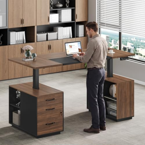 Bureau Assis Debout Électrique avec Tiroirs,141x70 cm,Bureau Réglable en Hauteur Électrique avec Caisson à Dossiers Verrouillable, Station de Charge & Niches Ouverte,Meuble de Bureau à Domicile,Noir