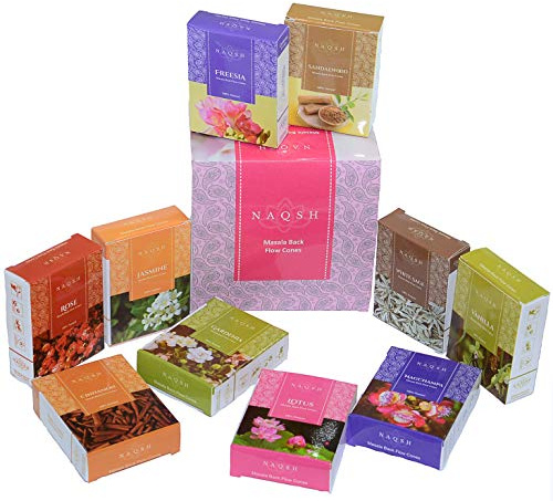 NAQSH Hand Rolled Incense Cones Scented Long Lasting Aroma for Positivity & Pure Air Meditation, Yoga, Aromatherapy, Relaxing & Refreshing (10, Back Flow Masala Cones)