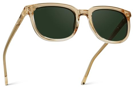 WearMe Pro Flat Top Polarized Square Sunglasses for Men, Transparent Yellow Frame, Smoke Green Lens, Classic Retro Style, Lightweight UV Protection - WMP Eyewear