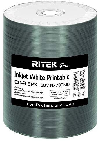 100 Pack Ritek Pro CD-R 52X 700MB White Inkjet Hub Printable Blank Disc