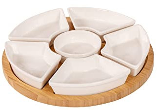 Oypla Rotating Bamboo Lazy Susan Snack Bowl Serving Platter with Ceramic Dishes
