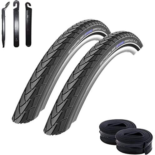 2 x Schwalbe Marathon Plus Fahrradreifen SmartGuard Reflex Pannenschutz 32-622 (28 x 1,25) + 2 Schwalbe DV17 Schläuche inkl. 3 Reifenheber