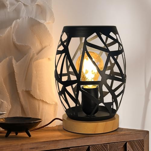 HHMTAKA Black Bedside Lamp Dimmable Metal Table Lamp with Wooden Base Decorative Lamp for Bedroom Living Room Dinner Bar(LED Bulbs Included)